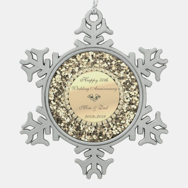 Gold Glitzer Diamond 50 Jahre Hochzeit Schneeflocken Zinn-Ornament (Vorderseite)