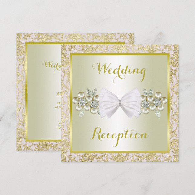 Gold Glitzer, Diamond Gem & Bow Hochzeitsempfang Einladung (Vorne/Hinten)