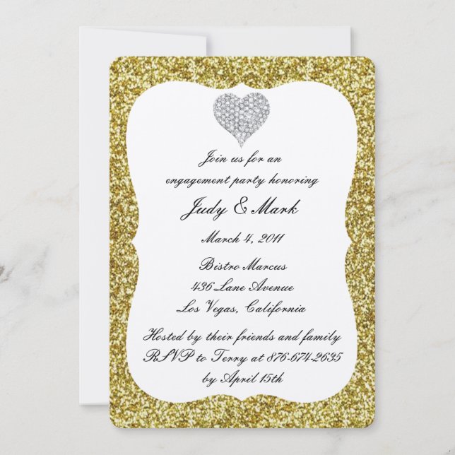 Gold Glitzer Diamond Heart Engagement Party einlad Einladung (Vorderseite)
