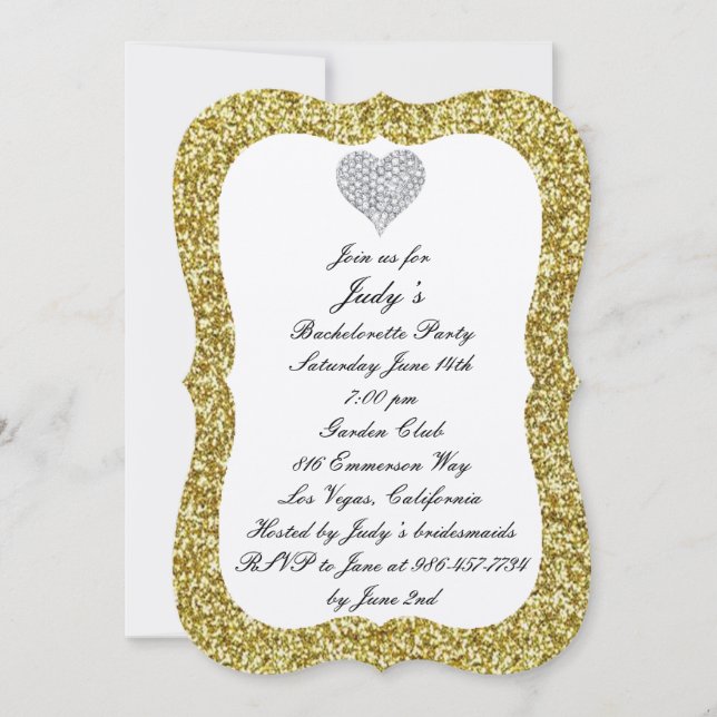 Gold Glitzer Diamond Heart Junggeselinnen-Abschied Einladung (Vorderseite)