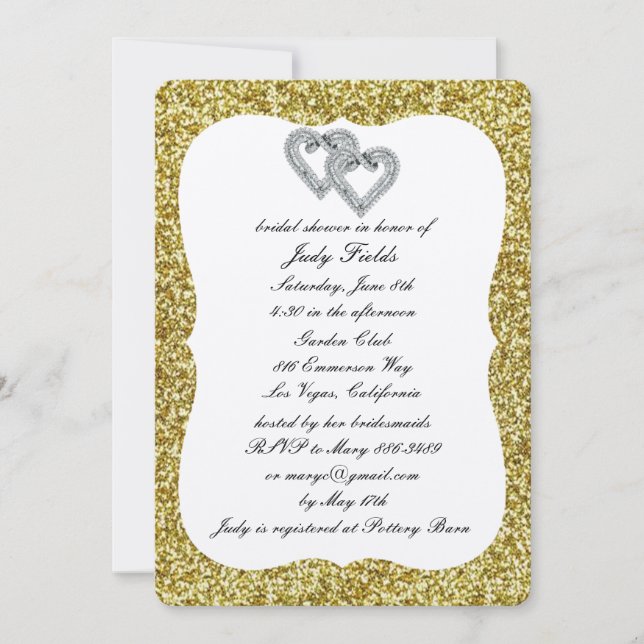 Gold Glitzer Diamond Hearts Brautparty laden ein Einladung (Vorderseite)