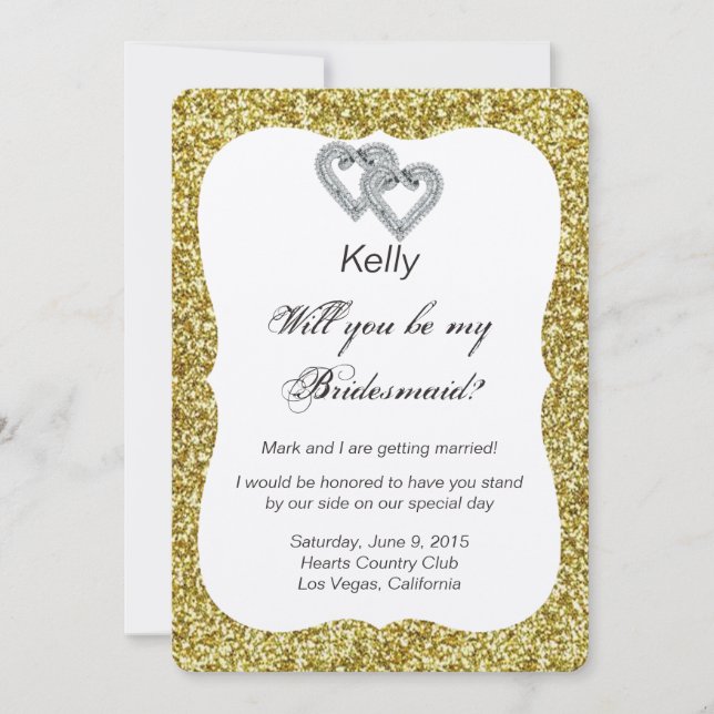 Gold Glitzer Diamond Hearts Bridesmaid Card Einladung (Vorderseite)