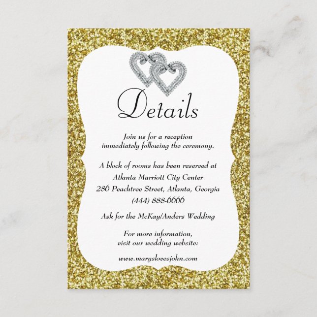 Gold Glitzer Diamond Hearts Hochzeitsdetails Begleitkarte (Vorderseite)