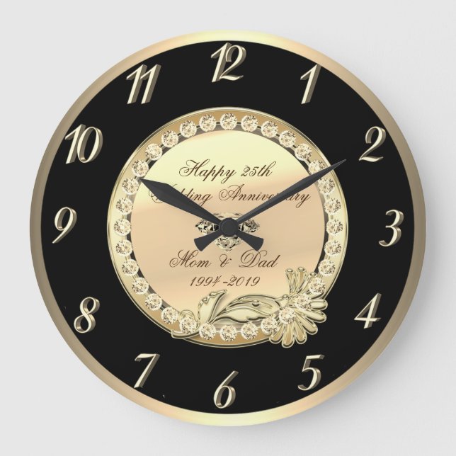 Gold Glitzer Diamonds 25. Hochzeitstag Große Wanduhr (Vorderseite)