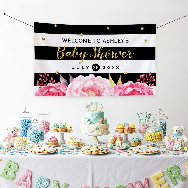 Gold Glitzer Dots Floral Stripes Baby Dusche Party Banner (Von Creator hochgeladen)