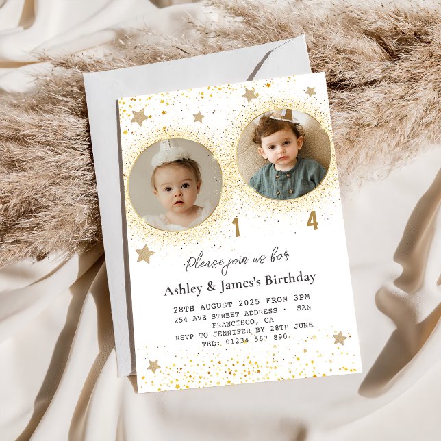 Gold Glitzer Double Birthday Kids Foto Einladung (Von Creator hochgeladen)