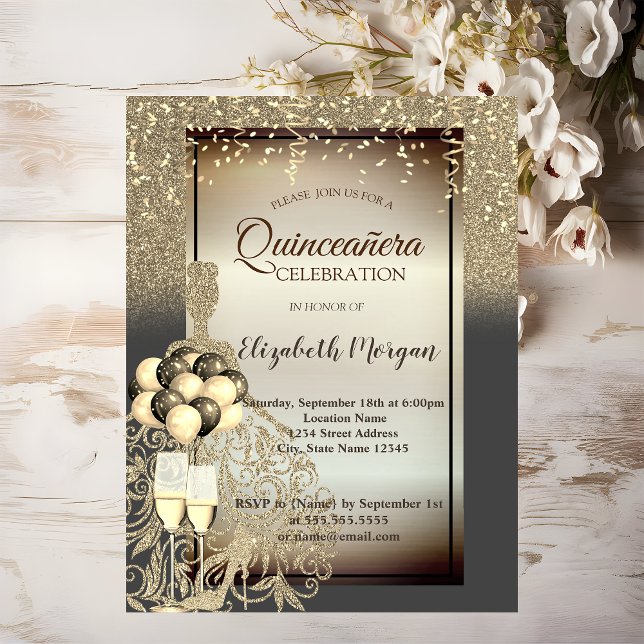 Gold Glitzer Dress, Ballons, Quinceanera Celebrati Einladung (Von Creator hochgeladen)