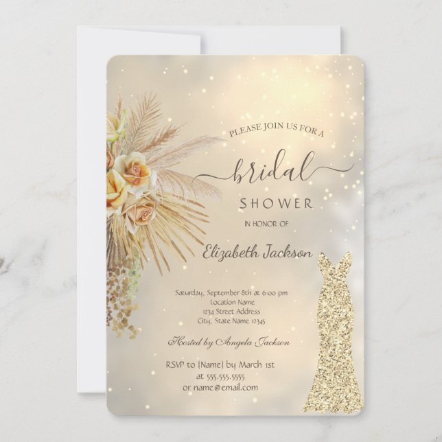 Gold Glitzer Dress Boho Blume Brautparty Einladung (Vorderseite)