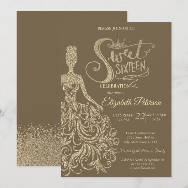 Gold Glitzer Dress Girl Crown, Diamonds Sweet 16 Einladung (Vorne/Hinten)
