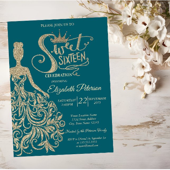 Gold Glitzer Dress Girl Tiara, Diamanten Sweet 16 Einladung (Von Creator hochgeladen)