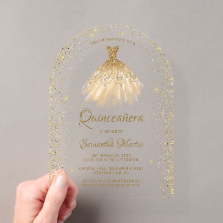 Gold Glitzer Dress Quinceañera Party Acryleinladungen