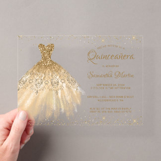 Gold Glitzer Dress Script Quinceañera Party Acryleinladungen
