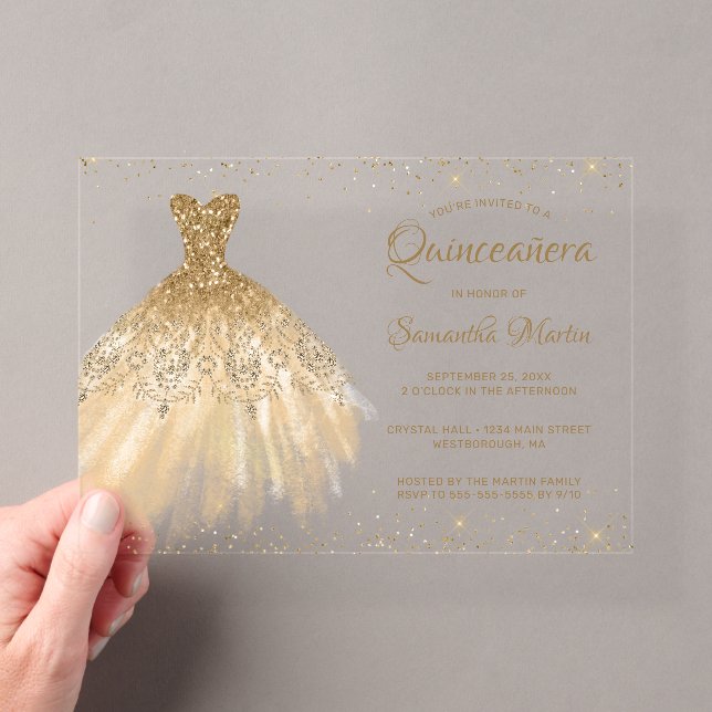 Gold Glitzer Dress Script Quinceañera Party Acryleinladungen (Insitu (Handheld))