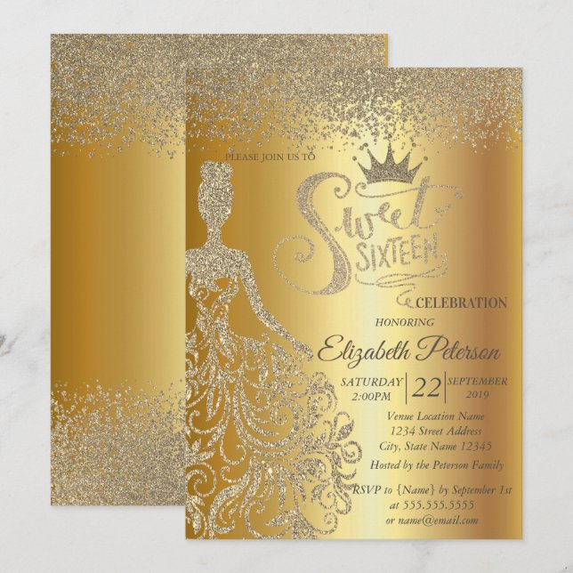 Gold Glitzer Dress, Tiara, Diamanten Sweet 16 Einladung (Vorne/Hinten)