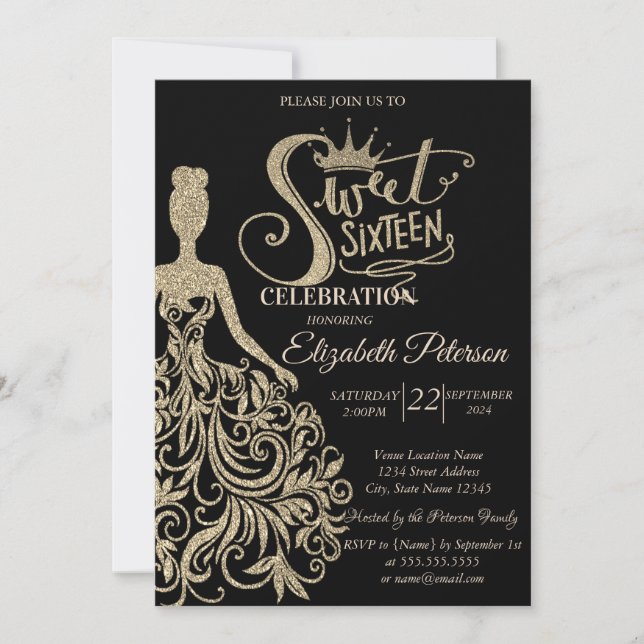 Gold Glitzer Dress, Tiara, Diamonds Black Sweet 16 Einladung (Vorderseite)