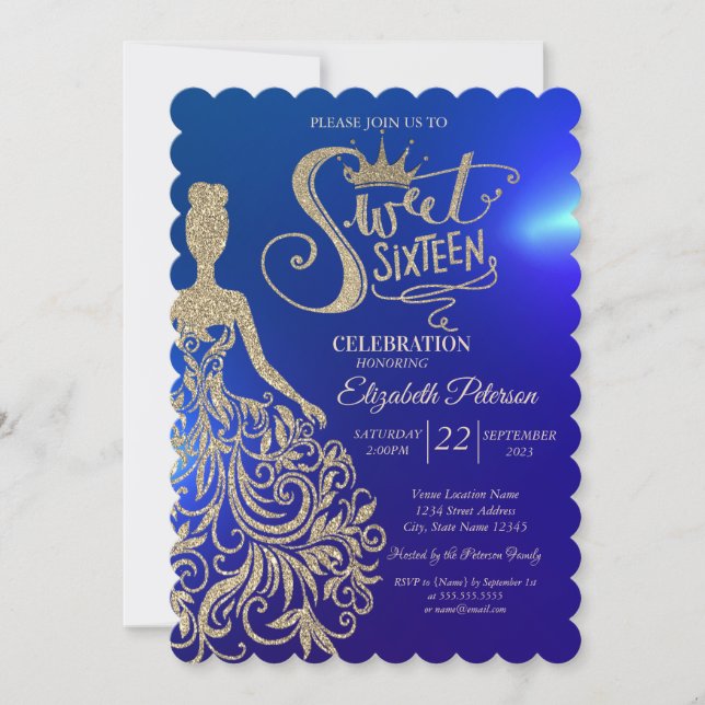 Gold Glitzer Dress, Tiara, Diamonds Blue Sweet 16 Einladung (Vorderseite)
