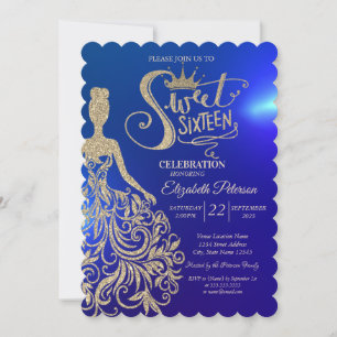 Gold Glitzer Dress, Tiara, Diamonds Blue Sweet 16 Einladung