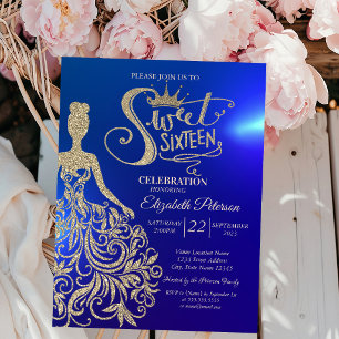 Gold Glitzer Dress, Tiara, Diamonds Blue Sweet 16 Einladung