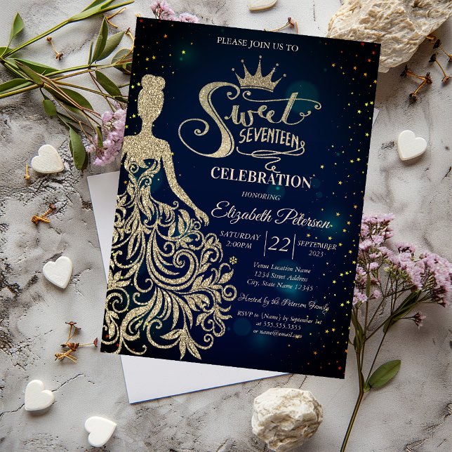 Gold Glitzer Dress, Tiara, Diamonds Blue Sweet 17 Einladung (Von Creator hochgeladen)