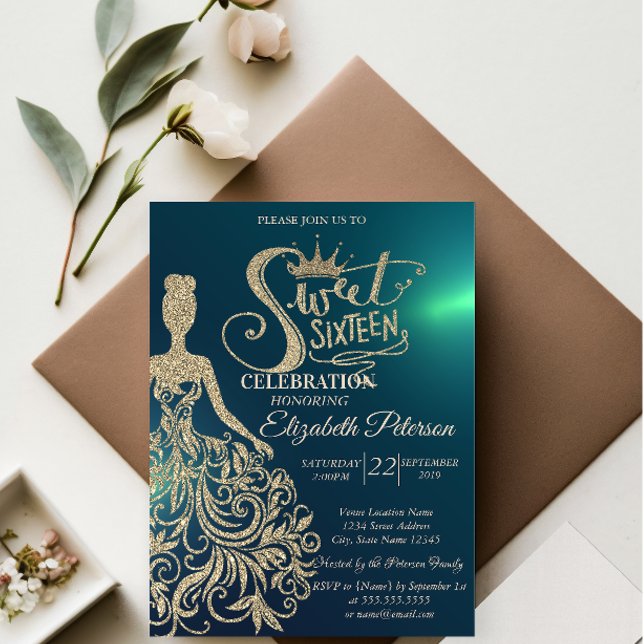 Gold Glitzer Dress, Tiara, Diamonds Green Sweet 16 Einladung (Von Creator hochgeladen)