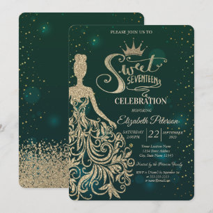 Gold Glitzer Dress, Tiara, Diamonds Green Sweet 17 Einladung