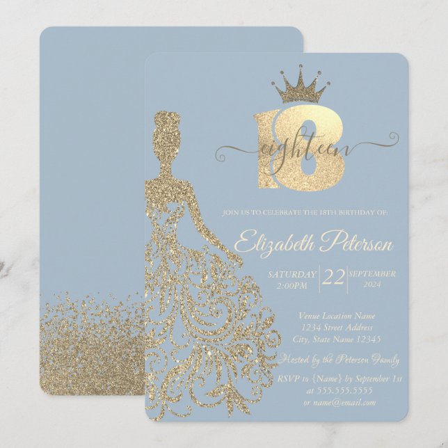 Gold Glitzer Dress, Tiara, Dusty Blue 18. Geburtst Einladung (Vorne/Hinten)