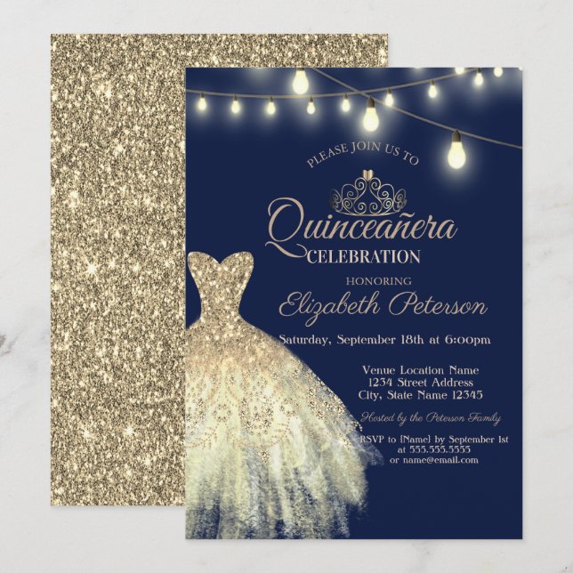 Gold Glitzer Dress, Tiara Quinceañera Einladung (Vorne/Hinten)