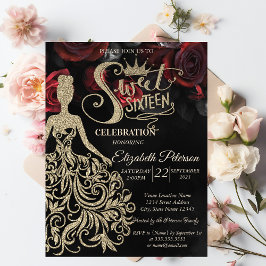 Gold Glitzer Dress, Tiara, Rote Rosen Gothic Einladung