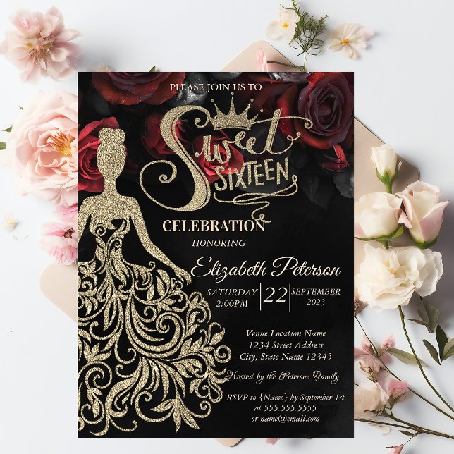 Gold Glitzer Dress, Tiara, Rote Rosen Gothic Einladung (Von Creator hochgeladen)