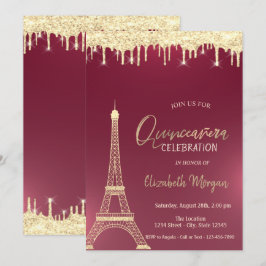 Gold Glitzer Drops Eiffelturm Red Quinceanera Einladung