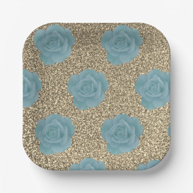 Gold Glitzer Dusty Blue Rose Brautparty Hochzeit Pappteller (Vorderseite)