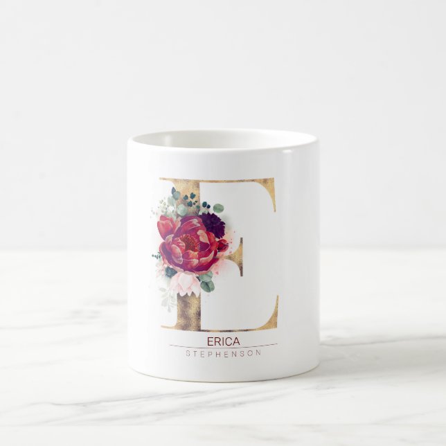 Gold Glitzer E Monogram Floral Burgundy Red Kaffeetasse (Mittel)