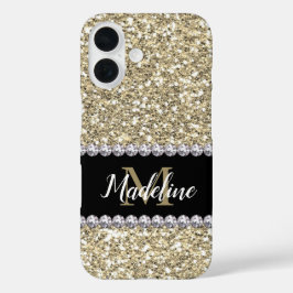 Gold Glitzer Edelsteine mit Name und Mongram iPhone 16 Hülle
