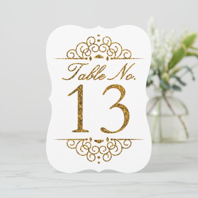 Gold Glitzer Effect Wedding Tischnummer Card (13) (Stehend Vorderseite)
