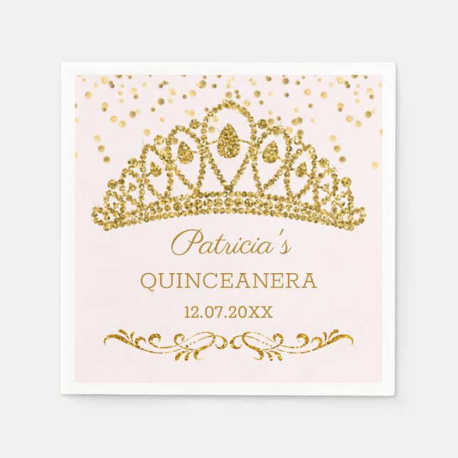 Gold Glitzer Effekt Tiara, Konfetti Quinceanera Serviette (Vorderseite)