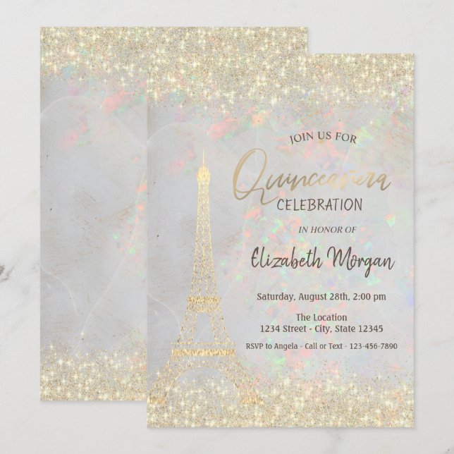 Gold Glitzer Eiffel Confetti Opal Quinceañera Einladung (Vorne/Hinten)