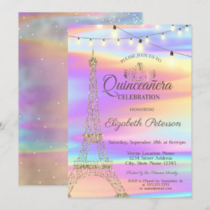Gold Glitzer Eiffel Tower Holographic Quinceañera Einladung