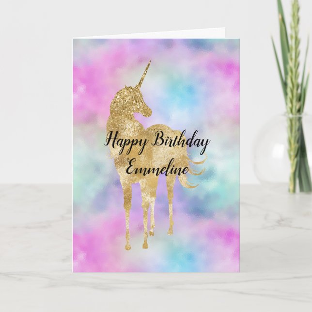 Gold Glitzer Einhorn Lila Rosa Aqua Karte (Vorderseite)