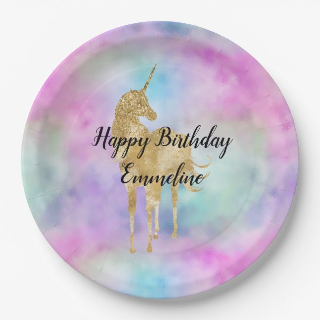 Gold Glitzer Einhorn Lila Rosa Aqua Pappteller (Vorderseite)