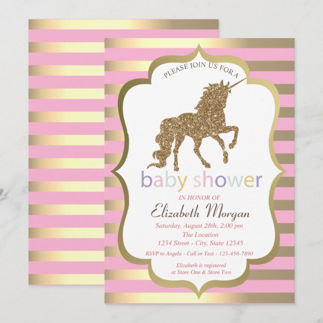 Gold Glitzer Einhorn, Stripe Babydusche Einladung (Vorne/Hinten)