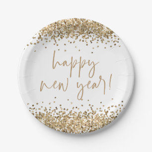 Gold Glitzer Elegante Script glücklich Neues Jahr Pappteller