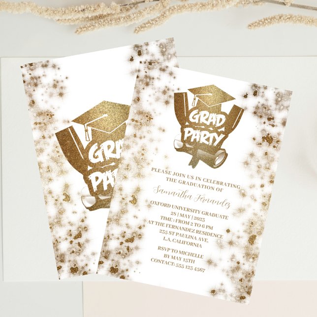 Gold Glitzer Elegante Stilvolle Graduiertenparty Einladung (Von Creator hochgeladen)