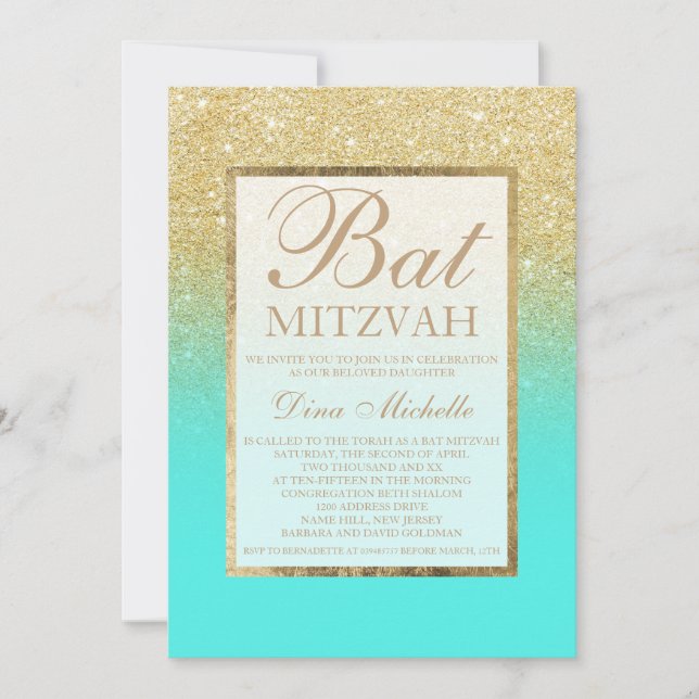 Gold Glitzer elegantes Aqua aquamarin chic Bat Mit Einladung (Vorderseite)