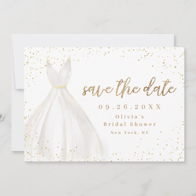 Gold Glitzer Elegantes Kleid Save the Date (Vorderseite)