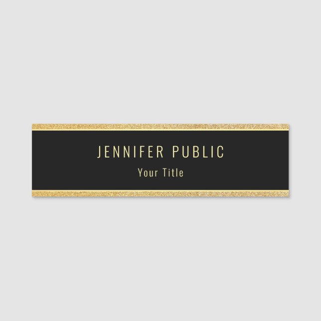 Gold Glitzer Elegantes Schwarzes Template Modernes Namensschild (Vorderseite)