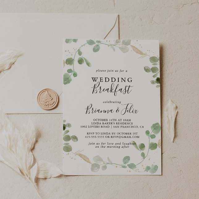 Gold Glitzer Eucalyptus Foliage Wedding Breakfast Einladung (Von Creator hochgeladen)