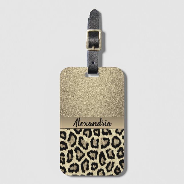 Gold Glitzer Exotic Leopard Print Gepäckanhänger (Vorderseite Vertikal)