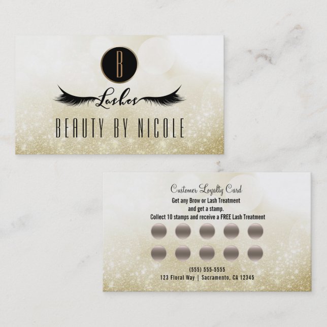 Gold Glitzer Eyelashes Customer Loyalty Card Treuekarte (Vorne/Hinten)