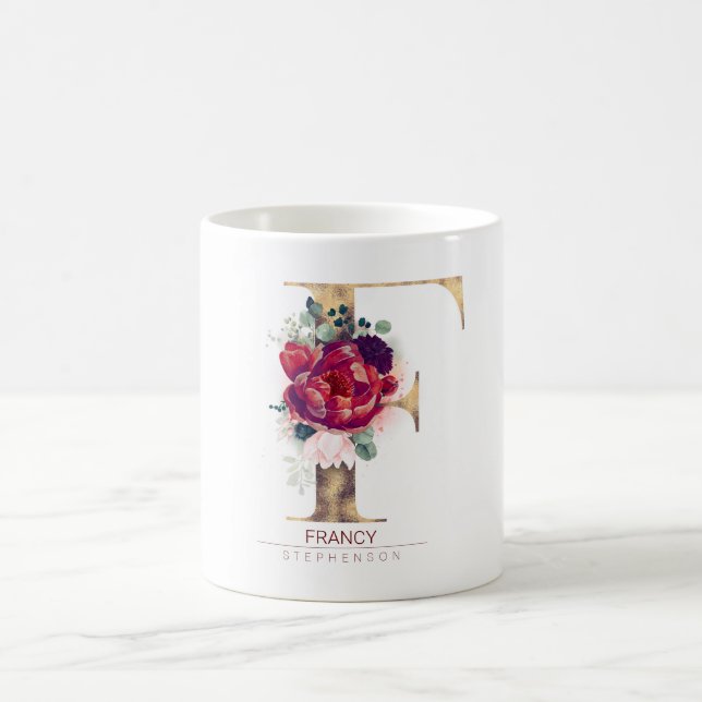 Gold Glitzer F Monogram Floral Burgund Red Kaffeetasse (Mittel)
