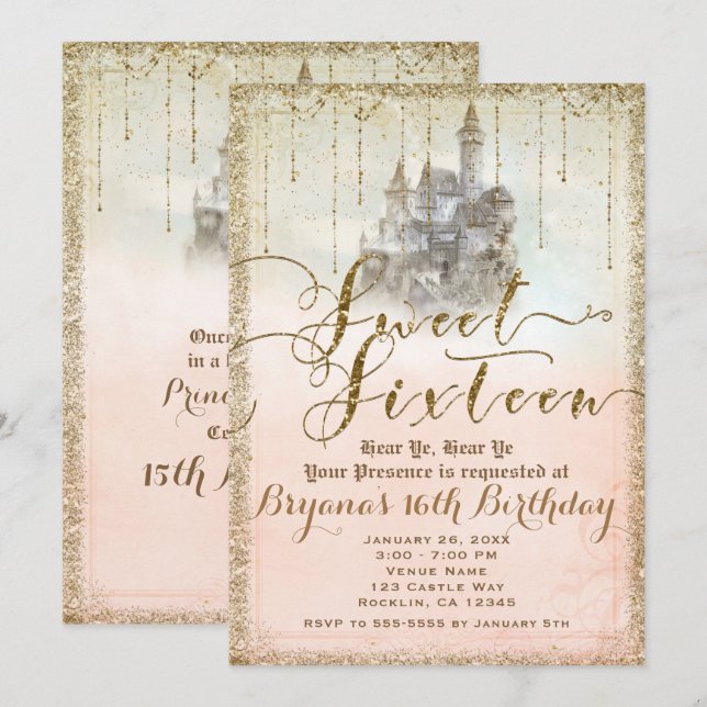 Gold Glitzer Fairytale Storybook Burg Süß 16 Einladung (Vorne/Hinten)